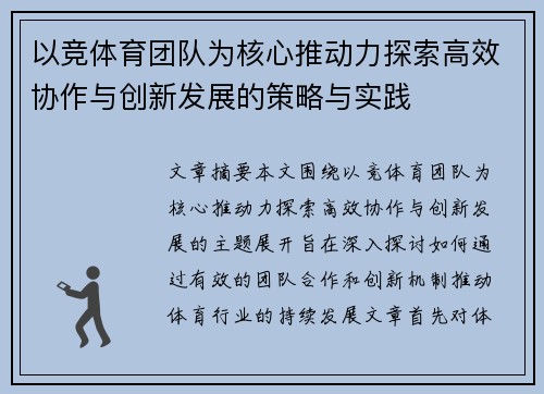 以竞体育团队为核心推动力探索高效协作与创新发展的策略与实践