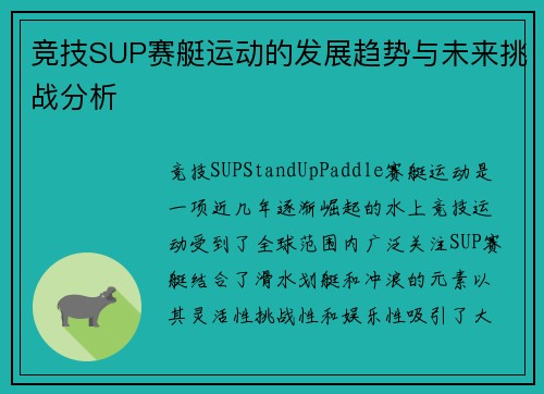 竞技SUP赛艇运动的发展趋势与未来挑战分析